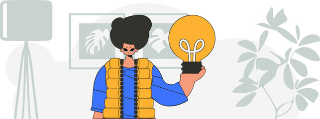 An elegant guy is holding a light bulb. Illustration on the theme of the appearance of an idea.