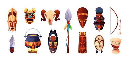 African ceremonial masks. Cartoon ancient ritual tribal symbols, traditional Africa zulu voodoo religion face shaped totem idols. Vector collection. Ethnic attributes, drum, bow and spear