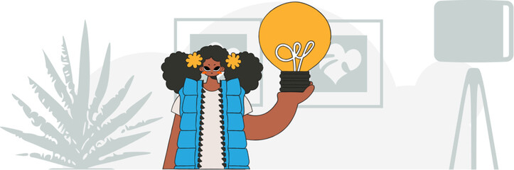 An elegant girl holds a light bulb in her hands. Illustration on the theme of the appearance of an idea.