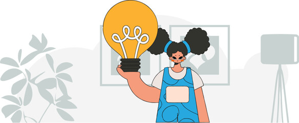 Fashionable girl holds a light bulb in her hands. Illustration on the theme of the appearance of an idea.