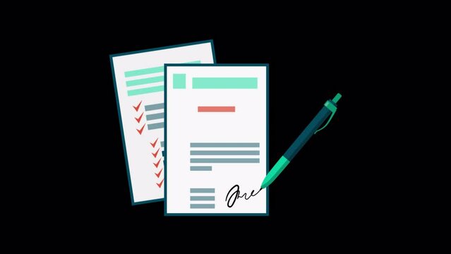 Animated agreement document icon with pen, designed in flat icon style, digital marketing, or business concept icon.