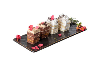 Tiramisu cake slices. Isolated. On black rectangular plate. Decorated with blooming quince buds and...