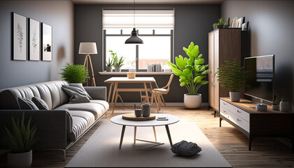 Fototapeta na wymiar Design multifunctional living room. Generative AI
