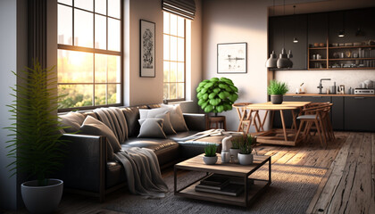 Fototapeta na wymiar Design multifunctional living room. Generative AI
