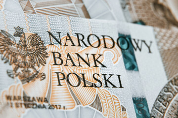 Close up on national polish bank of new Polish banknote. Macro photo of narodowy bank polski sign on PLN bill. Shallow focus. Close-up with fine and sharp texture