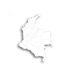 Colombia political map of administrative divisions - departments and capital district. Flat white blank map with thin black outline and dropped shadow.