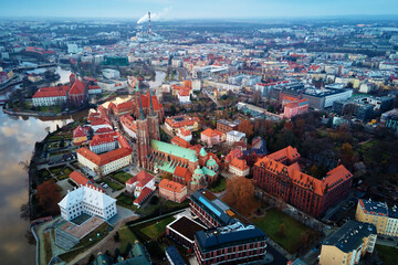 Tumski island and Cathedral of St John the Baptist in Wroclaw, Aerial view of old town with historical architecture in Wroclaw city, Poland