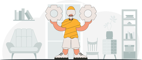 A handsome guy holds gears in his hands. Idea theme. Retro trendy style.