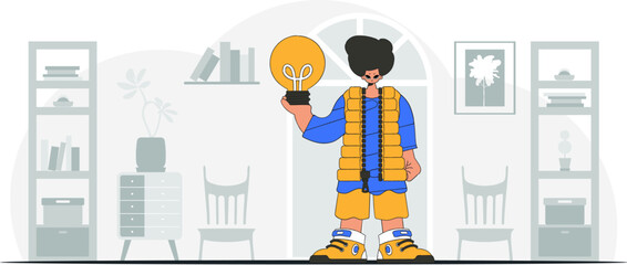 A fashionable guy holds a light bulb in his hands. Idea theme. Retro trendy style.