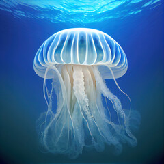 blue and white jellyfish in the dark ocean. Ai generated