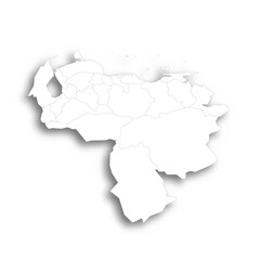 Venezuela political map of administrative divisions - states, capital district and federal dependencies. Flat white blank map with thin black outline and dropped shadow.