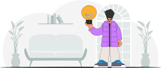 Gorgeous guy holds a light bulb in his hands. Illustration on the theme of the appearance of an idea.