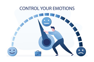 Control your emotions, concept banner. Confident and calm man moves arrow on measurement scale in direction of good mood. Positive thinking. Scale for measuring stress and mood. - obrazy, fototapety, plakaty