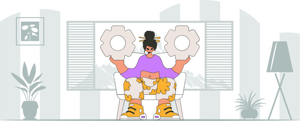 Gorgeous girl is holding gears. Illustration on the theme of the appearance of an idea.