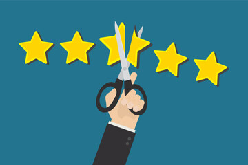 Dissatisfied customer uses scissors and cuts off rating stars. Down rating, concept. Negative review. Testimonials, bad client feedback. Stars rating, grading system. Clients rank.
