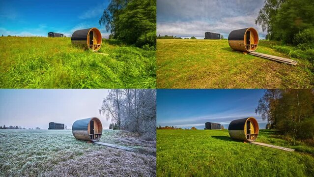 Round wooden sauna barrel building in rural landscape in all four seasons of year, fusion time lapse