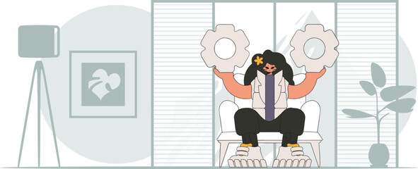 Gorgeous girl holds gears in her hands. Illustration on the theme of the appearance of an idea.