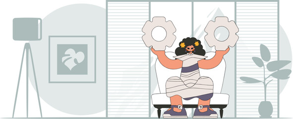 Gorgeous girl holds gears in her hands. Idea theme. Retro trendy style.