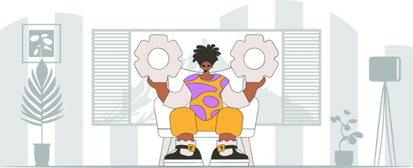 A sophisticated guy holds gears in his hands. Idea concept. trendy character.