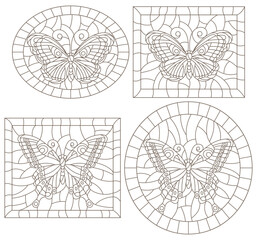 A set of illustrations in the style of stained glass with openwork butterflies, dark contours on a white background