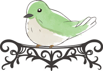 アイアンフレーム風のとまり木にとまる緑色の小鳥