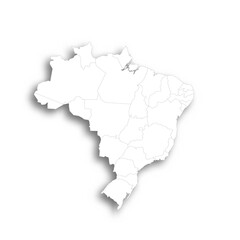 Brazil political map of administrative divisions - Federative units of Brazil. Flat white blank map with thin black outline and dropped shadow.