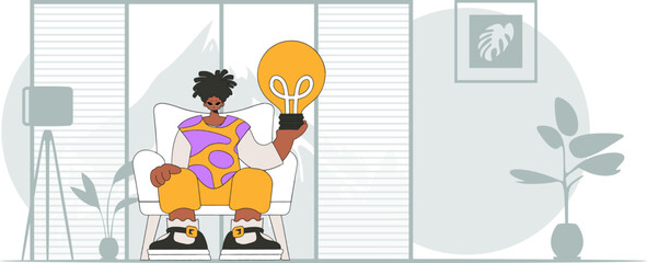 A handsome guy is holding a light bulb. Idea theme. Retro trendy style.