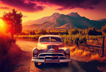 Plakat Vintage car on the countryside road at sunset created with AI