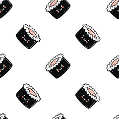 Kawaii sushi illustration. Vector flat hand drawn seamless pattern