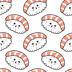 Kawaii sushi illustration. Vector flat hand drawn seamless pattern