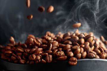 Steaming coffee beans in movement.