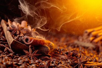 Steaming coffee beans with cinnamon sticks, anise, and nutmeg.