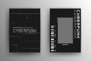 Set of cyberpunk futuristic poster set. Modern cyberpunk design for web and print template. Tech flyer with HUD glitchy elements. Abstract futuristic technology black and white design. Vector