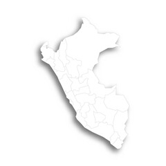 Peru political map of administrative divisions - departments. Flat white blank map with thin black outline and dropped shadow.
