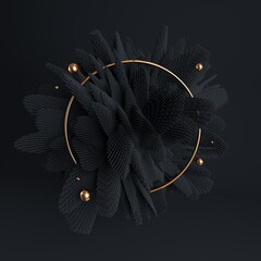 3d render of black detailed shape with gold ring and balls. Minimal futuristic background.	