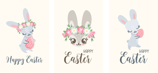 Vector templates for Easter cards. Cute bunnies with Easter eggs. Happy Easter lettering. Hare in a wreath of flowers 