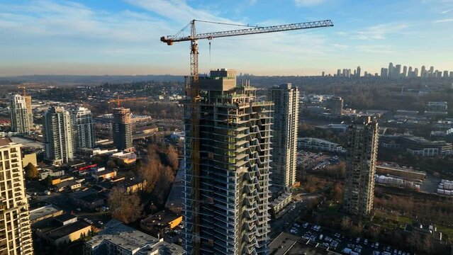 High-rise Residential Building Under Construction In The City Of Burnaby, BC, Canada. aerial orbit