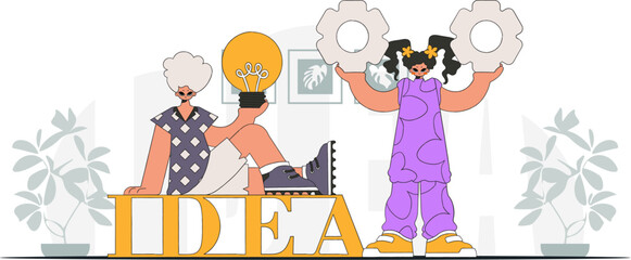 The fashion team generates ideas and solves problems. Light bulb and gears in their hands. Idea concept. trendy character.