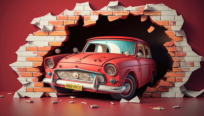 Colorful 3D Wallpaper for Kids' Bedroom with Broken Brick Wall, Classic Red Car, and World Map Design - obrazy, fototapety, plakaty