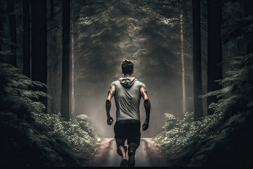 backside photo of a man jogging in the forest, generative AI.