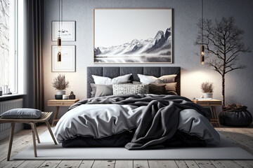 Modern bed room interior design. Super photo realistic background, generative AI.