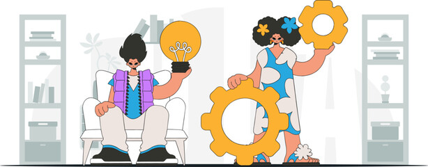 Attractive team solves problems and generates ideas. Light bulb and gears in their hands. Idea concept. trendy character.