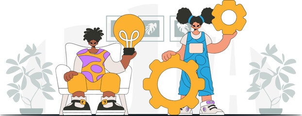 A presentable team solves problems and generates ideas. Light bulb and gears in their hands. Idea concept. trendy character.