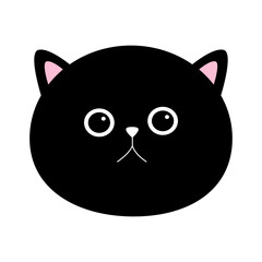 Black cat round face head silhouette icon. Cute funny kawaii doodle animal. Cartoon funny baby pet character. Sticker print. Flat design. White background. Isolated.