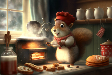 an anthropomorphic cute smiling squirrel cooking chocolate cookies. Generative AI	
