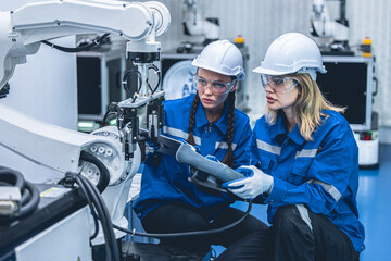 Fototapeta na wymiar smart engineer woman team worker working together service robot arm in automation factory industry