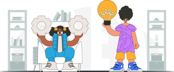 An elegant team solves problems and generates ideas. Light bulb and gears in their hands. Illustration on the theme of the appearance of an idea.
