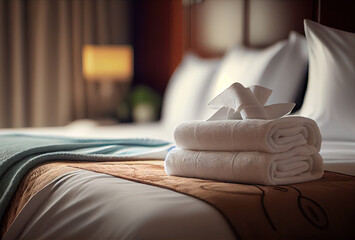 Fresh towels on bed in hotel room created with AI - obrazy, fototapety, plakaty