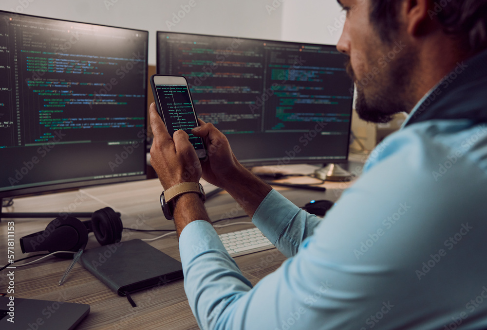 Aufkleber Coding, computer screen and phone with man, programmer and software update, information technology and code. Cybersecurity, ux and network with wifi, web design and cyber space with cpu programming