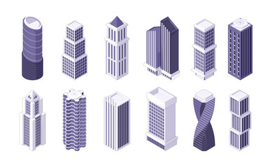 Isometric skyscraper building. Residential business construction development, city architecture with real estate high towers house in isometry. Vector set. Futuristic facade of different shapes
